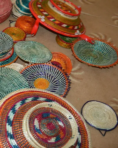 Coiled Harari baskets in bright patterns
