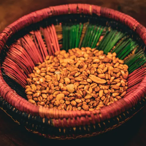 Roasted barley kolo in a red and green woven basket